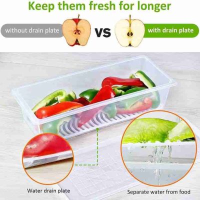 Fridge Food Storage Container Organiser with Removable Drain Tray for Fresh Fruits, Vegetables, Meat & Fish, BPA-Free Plastic Kitchen Box Storage Food Box Container Organizer 1500ml Stackable (premium quality)