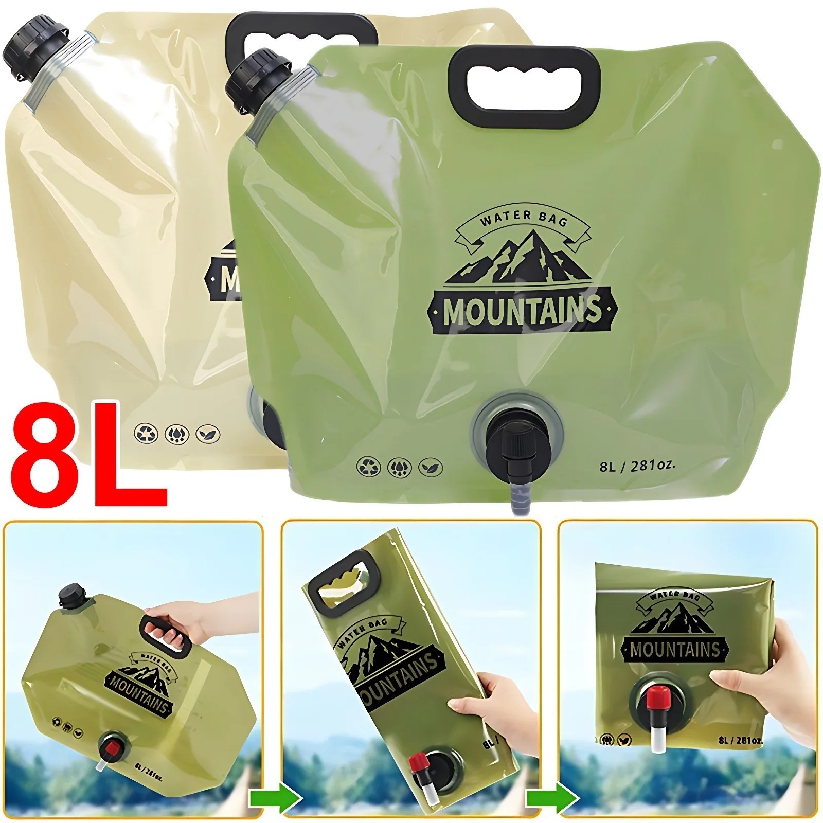 8L Portable Water Bag Folding Bucket Water Container Jug Bottle Pouch Outdoor Travel Camping with Handle Camping Supplies