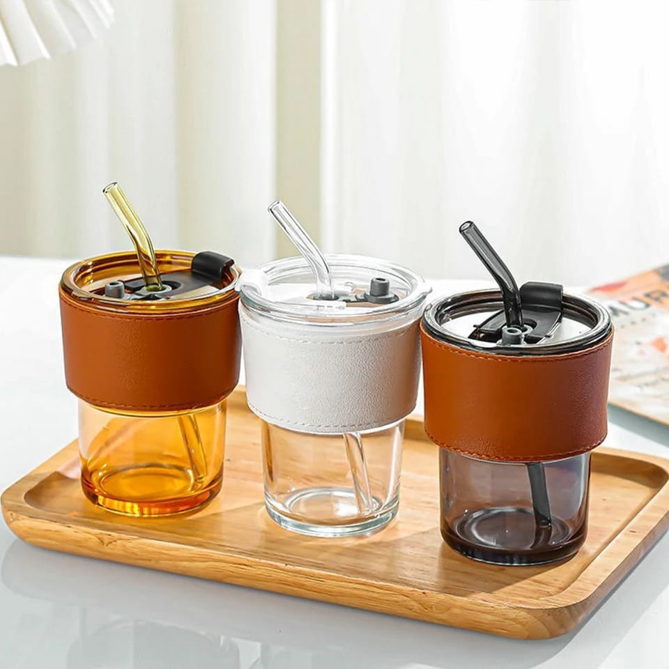 Coffee Glass Mug Cups with Lids and Straws with Leather Sleeve