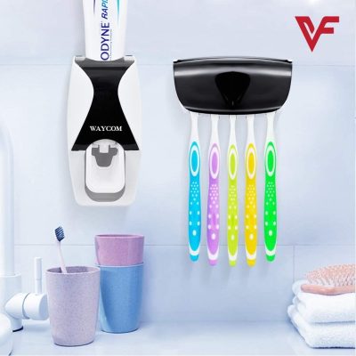 Plastic Set of Toothpaste Dispenser & Toothbrush Holder - White Automatic Tooth paste Dispenser and Tooth brush Holder Set Wall Mounted Toothpaste Dispenser with 5 Toothbrush Holder Set Toothpaste Squeezing Machine Tooth brush Holder