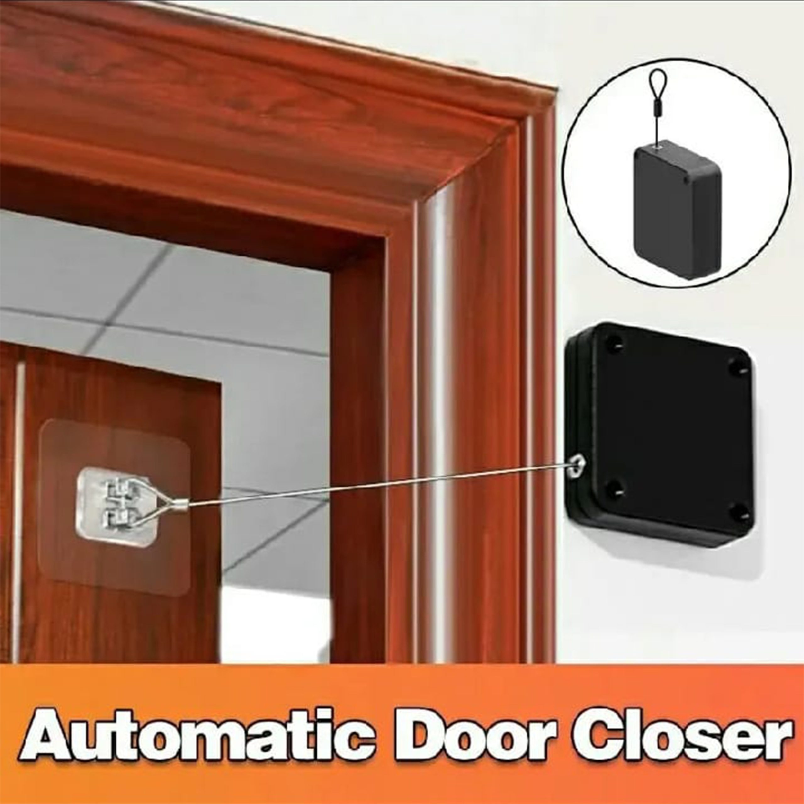 Self Adhesive Automatic Door Closer with Screws - Punch Free, Spring Powered, Strong Spring Pull (800g), 1.2meter Steel Wire - Easy Install for Home, Office, Wooden & Glass Doors