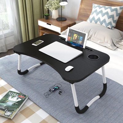 METALLO Wooden Gaming Laptop Table For Bed Foldable Stand Ergonomic Portable Drawing Notebook Reading Food Breakfast Serving With Inbuild Tablet And Cup Holder Slots Couch Black Brown Pink Yellow Green White Blue