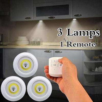 3pcs LED Tap Light with Remote Control | Stick-on COB Sensor Cabinet Light | Wireless Cell Operated Night Light for Closet, Kitchen, Bedroom, Baby Room & More