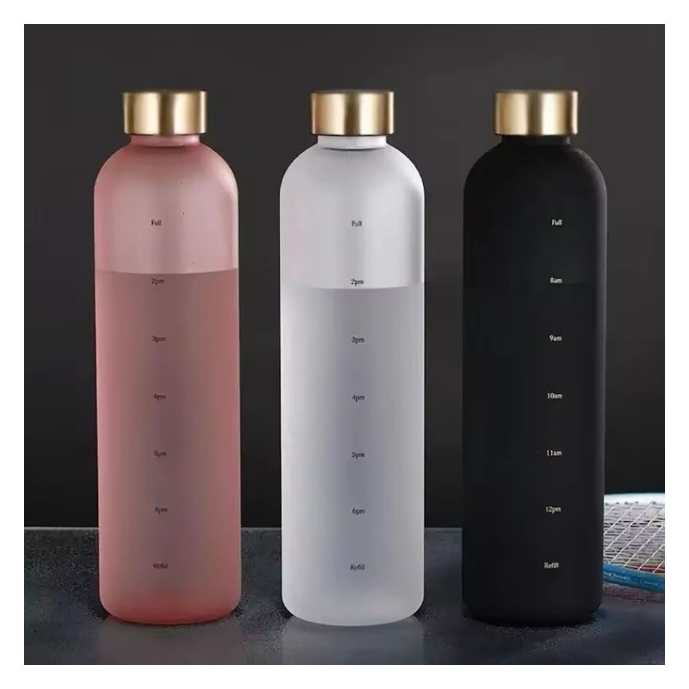 Golden Cap Tritan Plastic Water Bottle With Time Scale, BPA Free, Leakproof, 1000ml Capacity, Assorted Colors