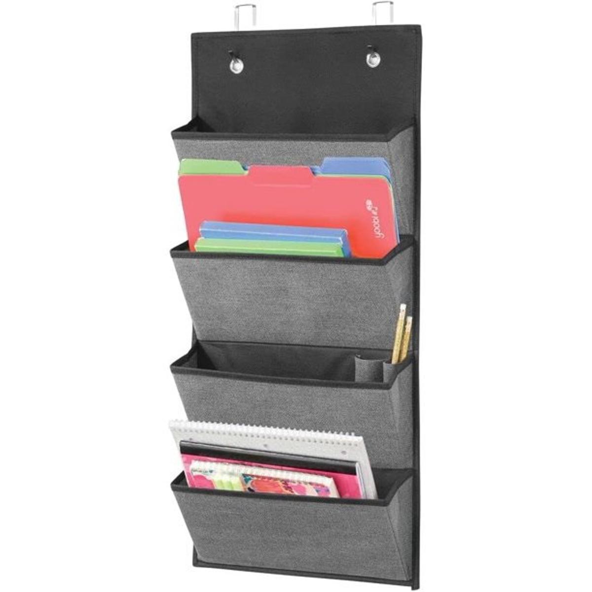 Soft Fabric Wall Mount/Over Door Hanging Storage Organizer - 4 Large Cascading Pockets - Holds Office Supplies, Planners, File Folders, Notebooks - Image 2