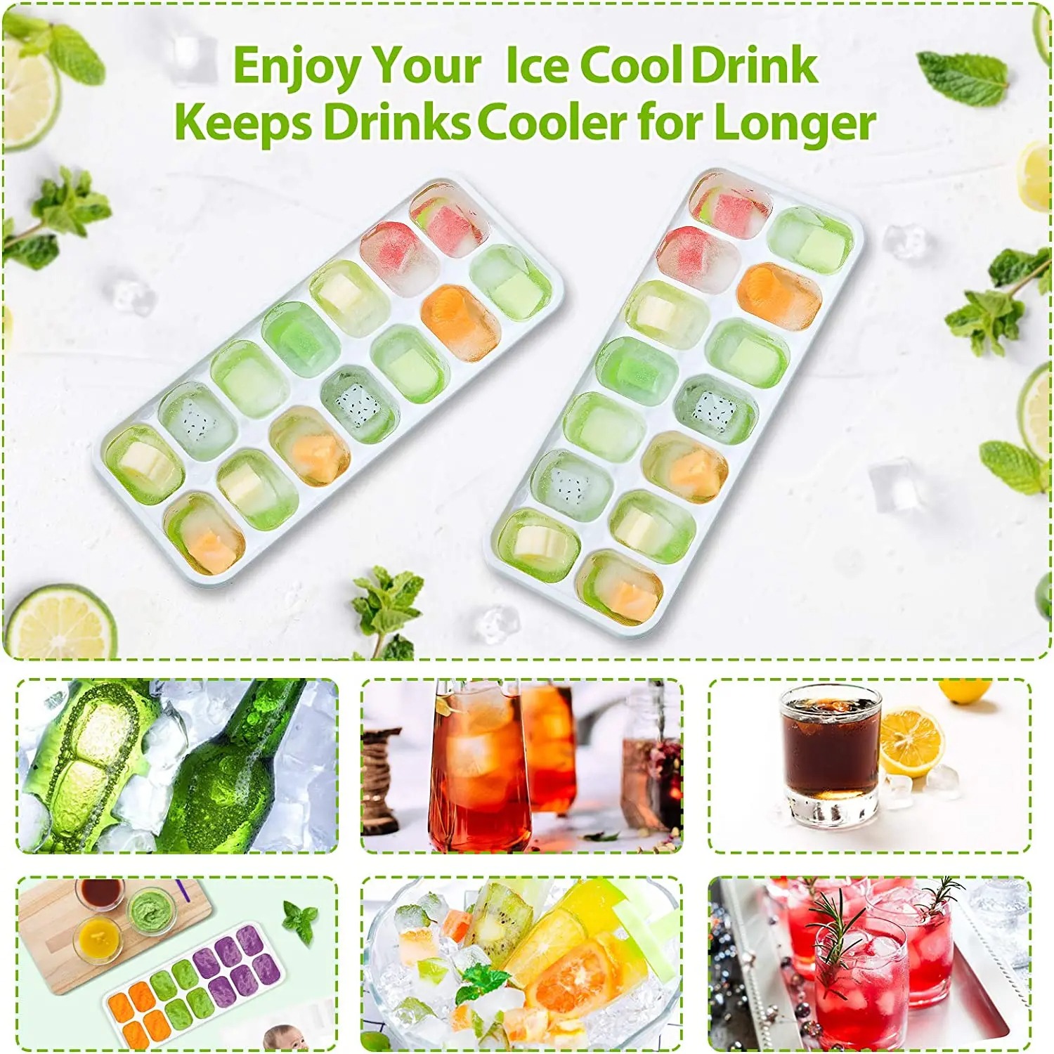 14-Hole Silicone Ice Tray Square Box Auxiliary Food Puree Jelly Mold Bar Kitchen Tool Cocktail Silicone Ice Cube Mold, Soft Bottom Silicone Ice Tray Mould, Easy-Release DIY Fruits Stackable Ice Cube Molds for Coffee Cocktail Freezer- MULTICOLOR (1 Pack)