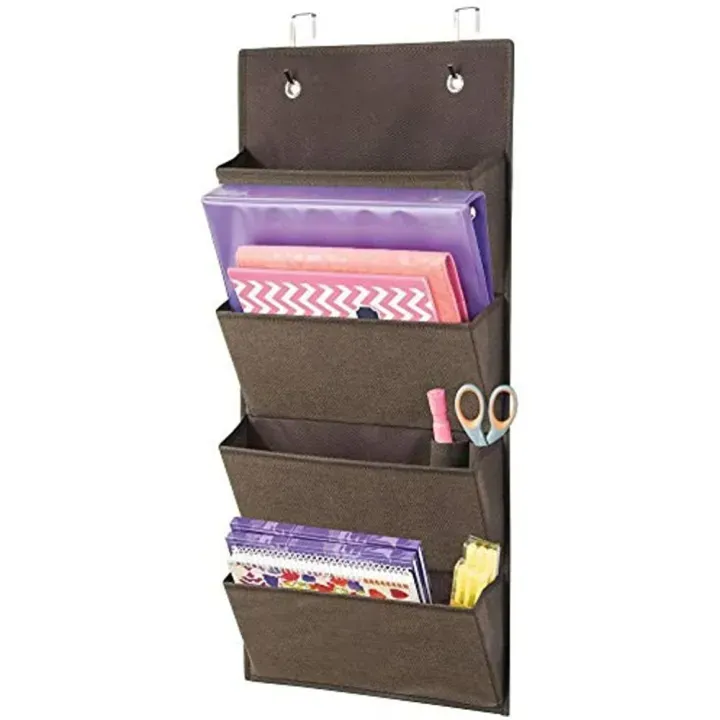Soft Fabric Wall Mount/Over Door Hanging Storage Organizer - 4 Large Cascading Pockets - Holds Office Supplies, Planners, File Folders, Notebooks